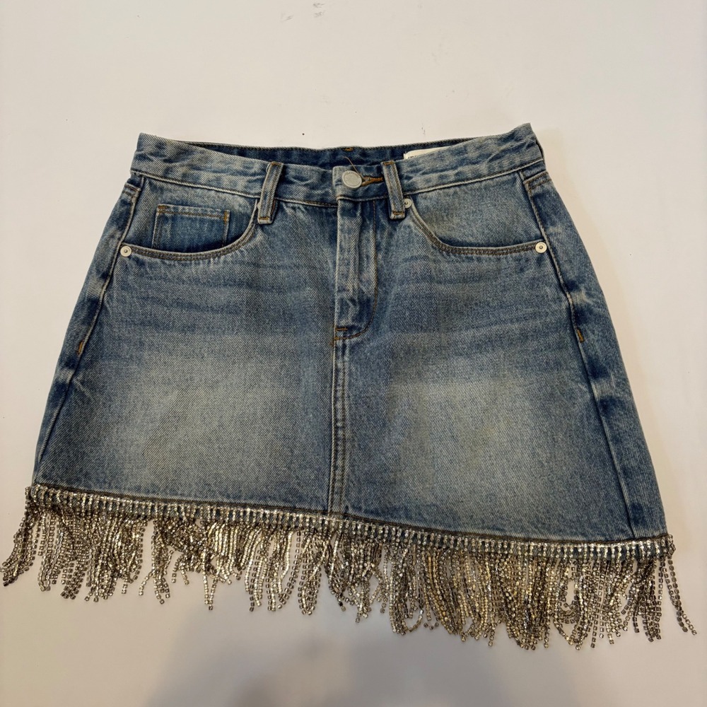 Blank NYC Blue Denim Mini Skirt with Silver Fringe
